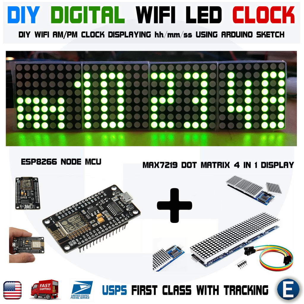 DIY Digital Arduino Clock WIFI GREEN LED Dot Matrix ESP8266 MAX7219 ...