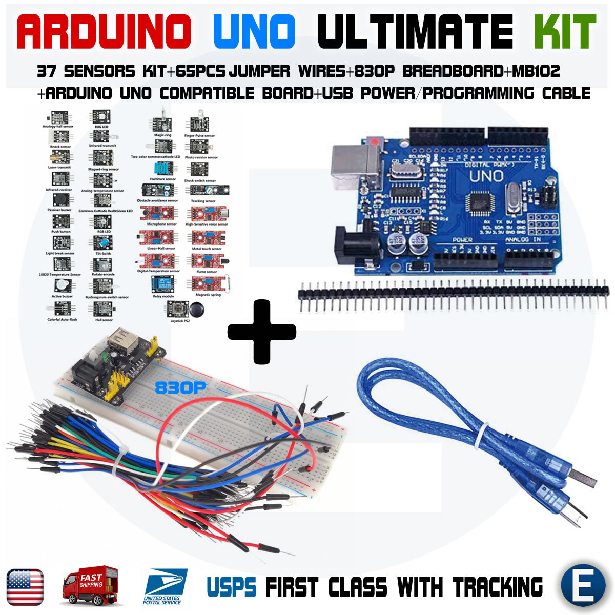 Arduino UNO Ultimate Kit 37 in 1 Sensors MB102 830 Breadboard 65pcs jumper cable USB