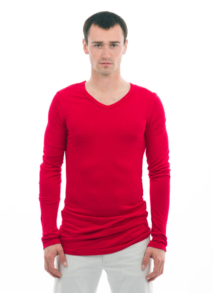 red v neck long sleeve shirt
