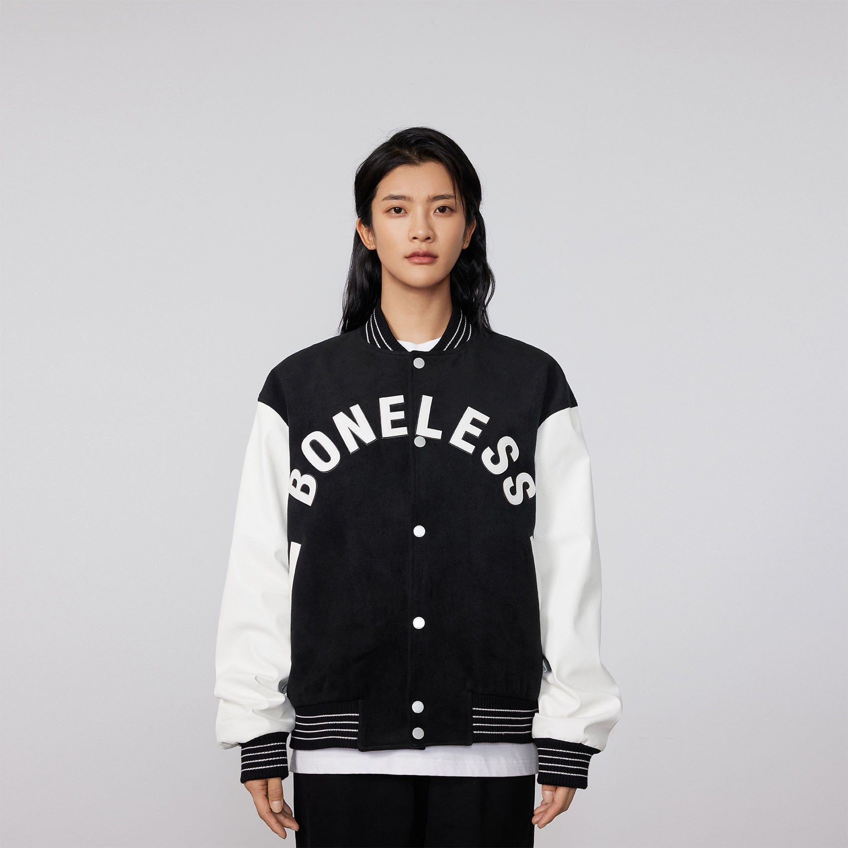 Boneless Faux Leather Sleeve Varsity Jacket Projectisr Us 0921