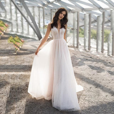 Elegant A-Line V-Neck Sleeveless Tank Glitter Tulle Wedding Dress Luxury Wedding Dresses BlissGown Ivory 4 