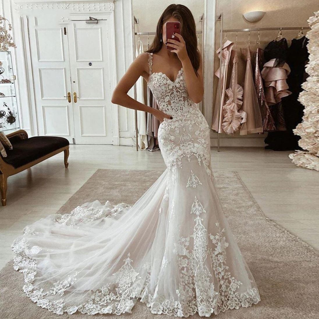 Lace Appliques Mermaid Spaghetti Strap Wedding Dress – BlissGown