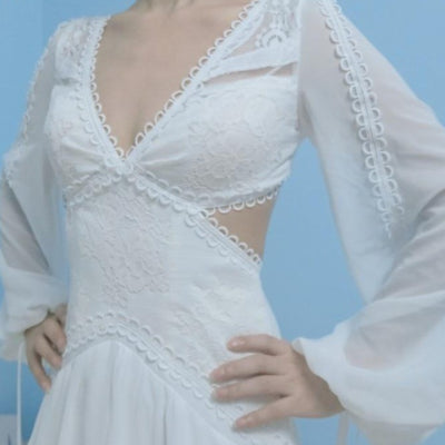 Lace Chiffon Long Sleeve Sexy Deep V Backless Bohemia Wedding Dress Boho Wedding Dresses BlissGown 
