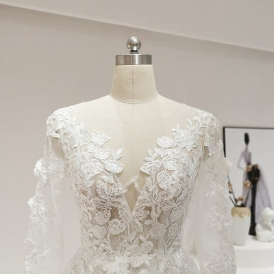 Long Lace Full Sleeves V Neck Princess Button Boho A-Line Wedding Dress Boho Wedding Dresses BlissGown 