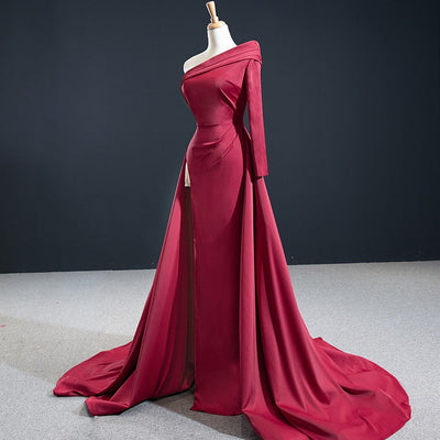 Red Elegant Satin One Shoulder Lace Up Back Evening Dress Evening & Formal Dresses BlissGown 