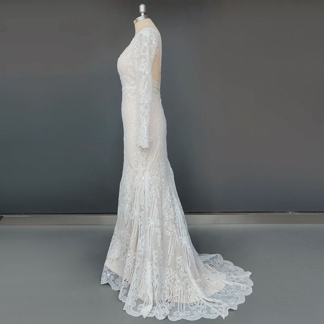 V-Neck Sexy Sweep Train Lace Elegant Open Back Wedding Dress – BlissGown