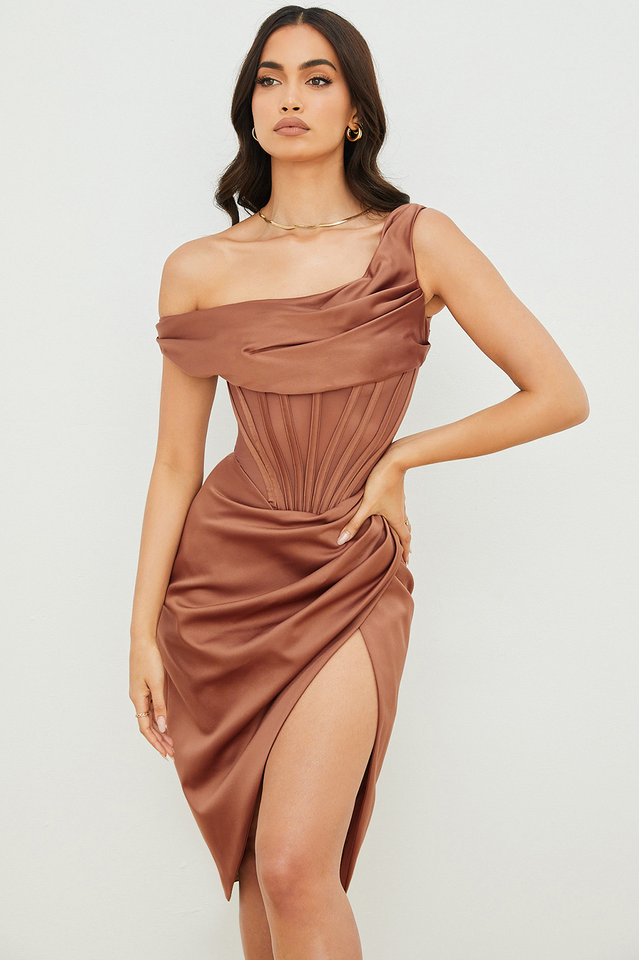 pistachio asymmetric drape midi corset dress