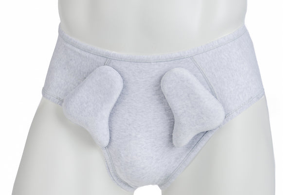 Ceinture Herniaire Pour Soulager Une Hernie Inguinale En Forme De Slip Portée Par Un Mannequin Homme - Couleur Grise - Vue Frontale