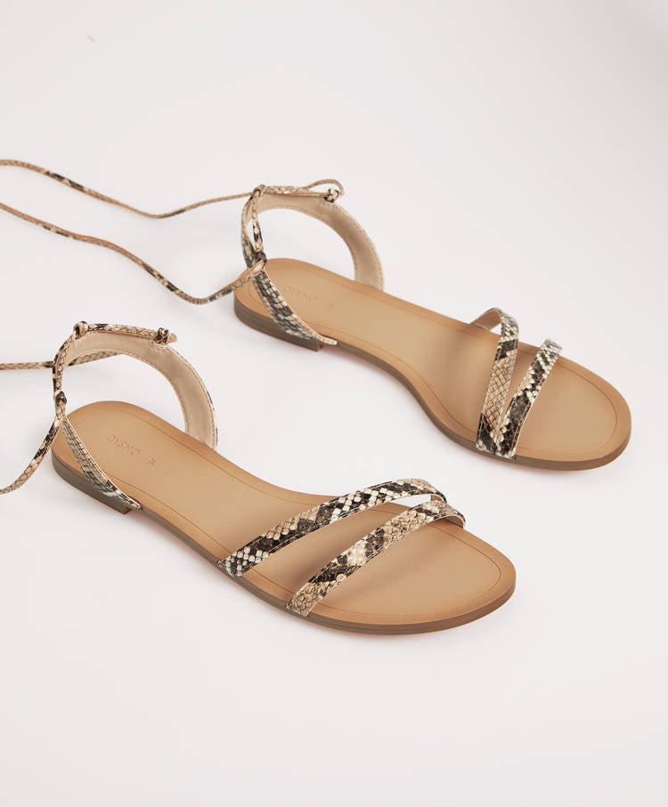 OYSHO SNAKEPRINT LACE-UP FLAT SANDALS – Shoepify