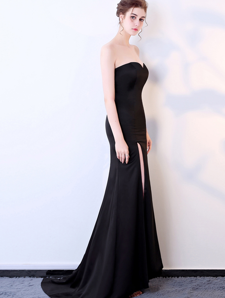 Simple Sheath Sexy Slit Black Soft Satin Party Dress – daisystyledress