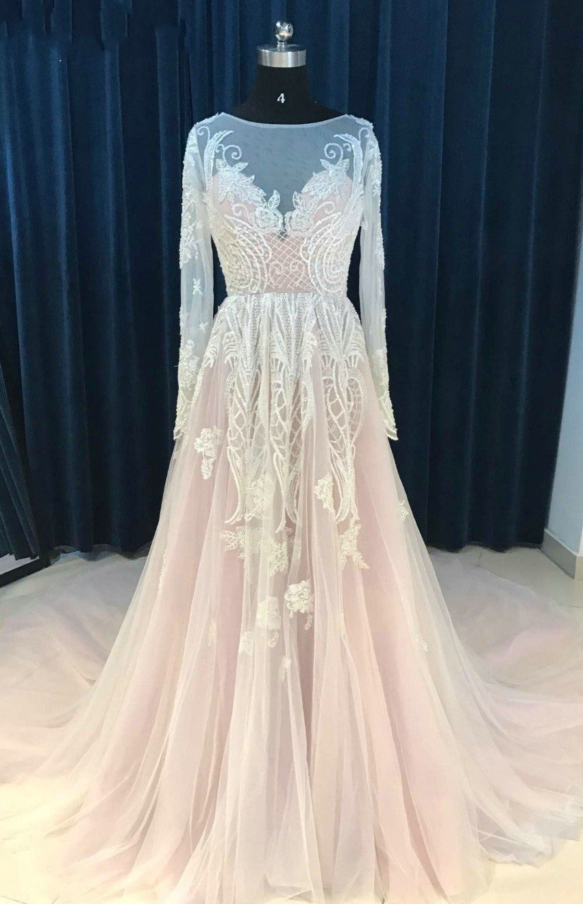 Plus Size Blush Long Sleeve Lace Wedding Dress Daisystyledress 