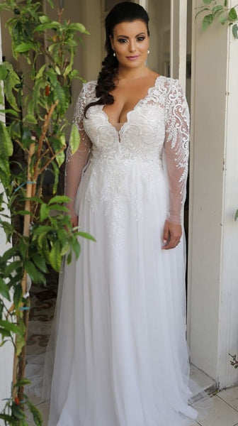 Long Sleeve Plus Size Deep V-neckline Wedding Dress – daisystyledress