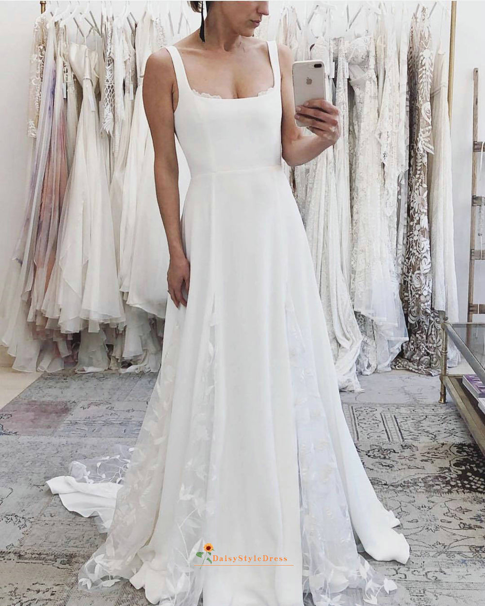 a line square neck wedding dress