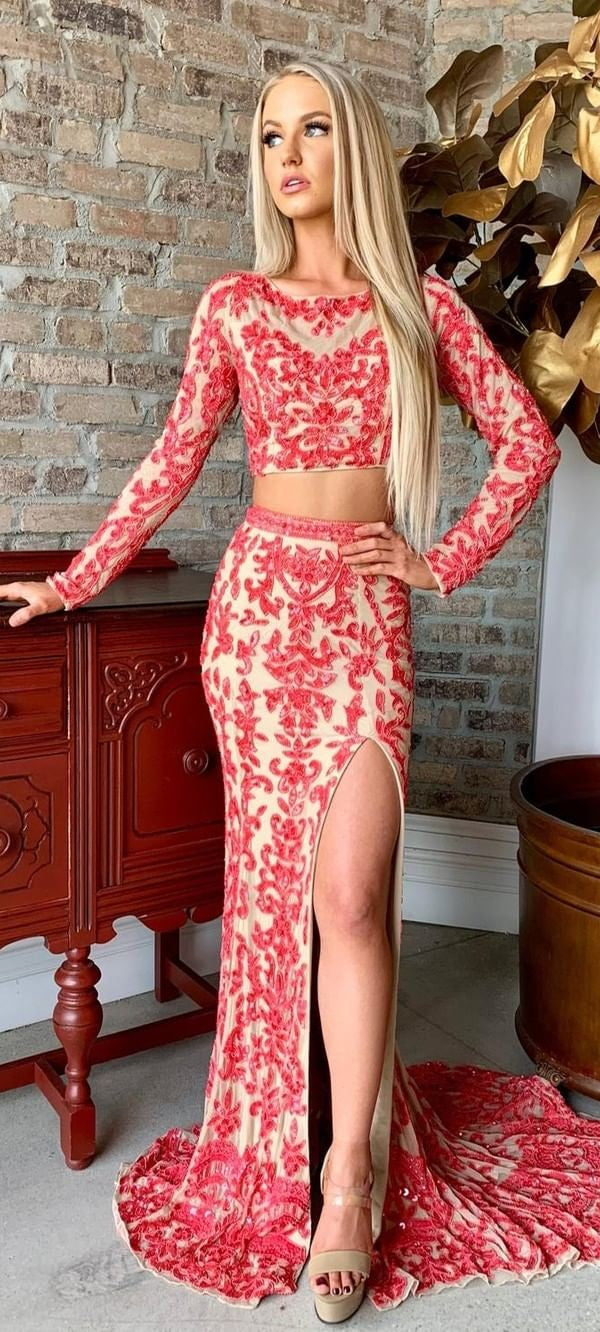 red lace two piece dress