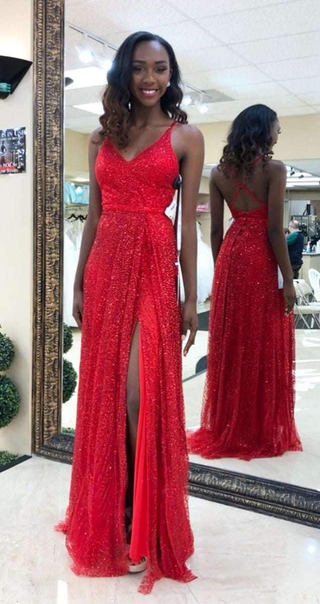 red tight sparkly prom dress