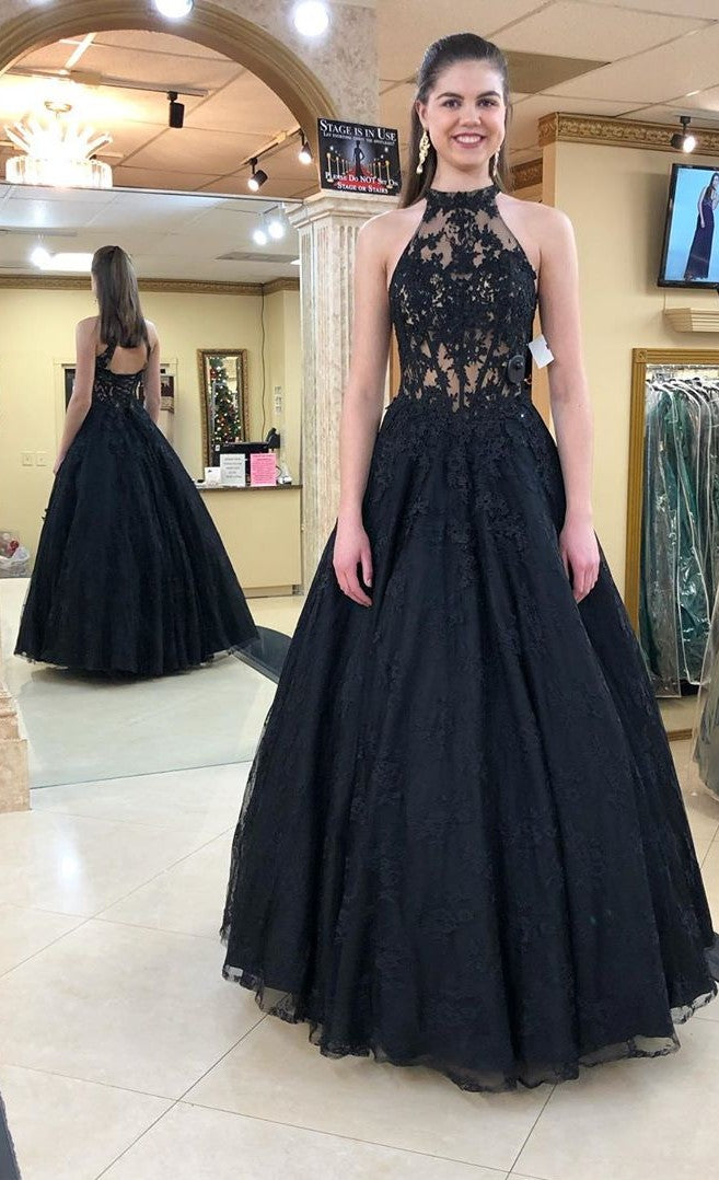 black halter neck prom dress