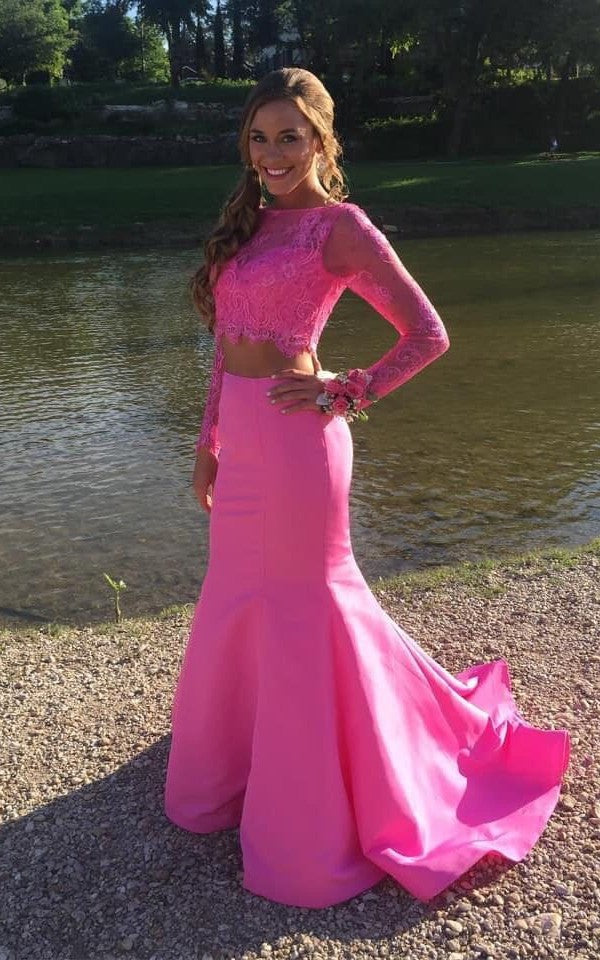 hot pink two piece prom dress