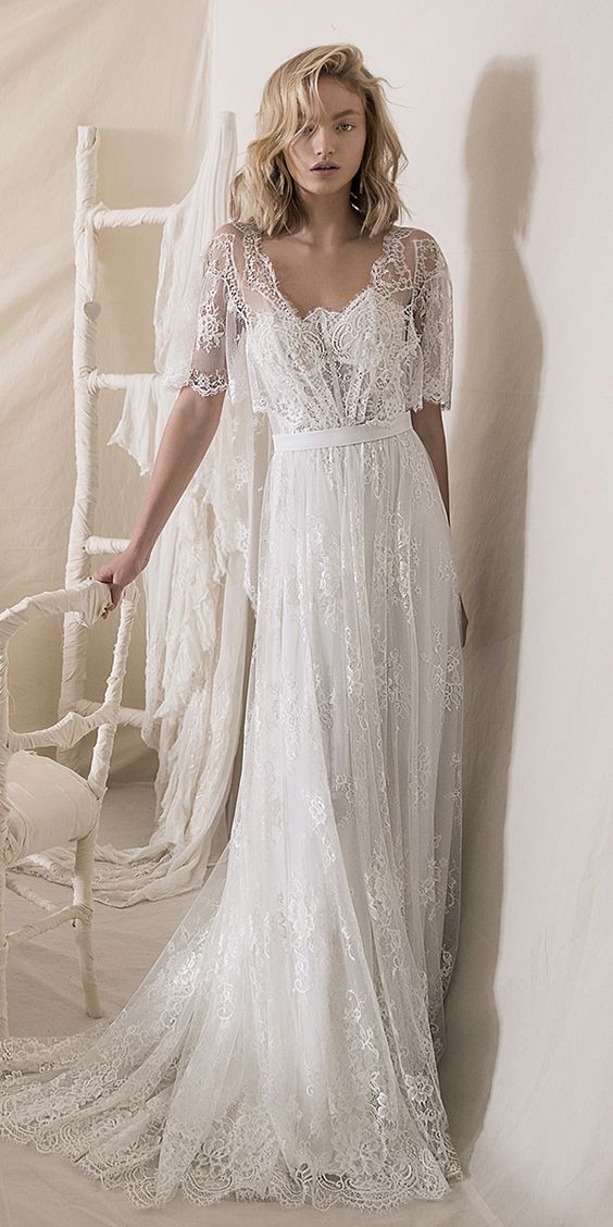 Vintage Boho Wedding Dress A Line Deep V Neck 3d Floral Lace Romantic A Line Boho Wedding 