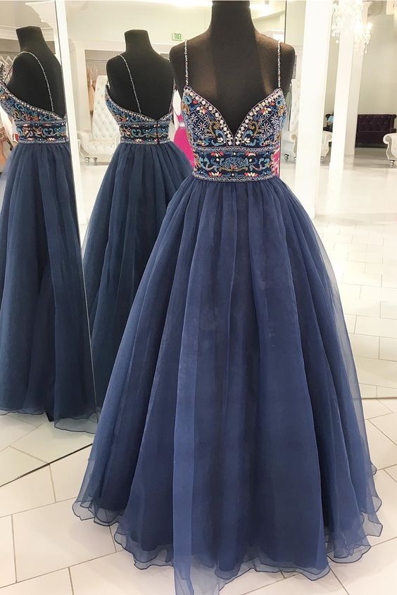 Ball Gown Spaghetti Straps Navy Blue Prom Dress – daisystyledress