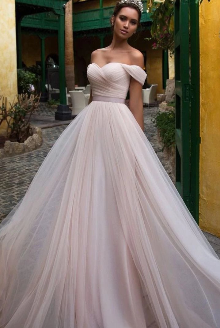 blush off the shoulder bridesmaid dress