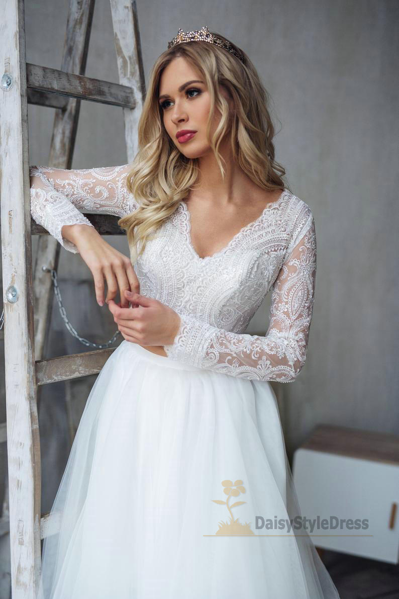 Long Lace Sleeve Two Piece Wedding Dress – daisystyledress