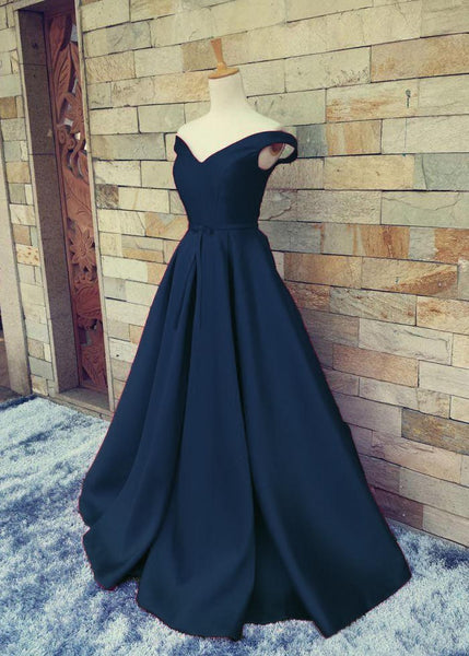 A line Off Shoulder Sleeves Navy Blue Prom Dress – daisystyledress