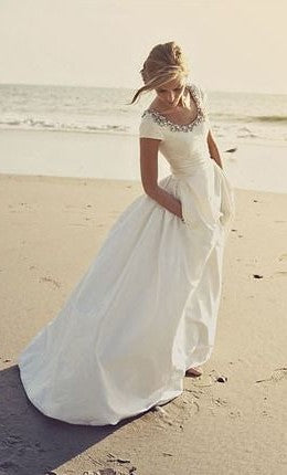 Modest Short Sleeves Beach Wedding Dress