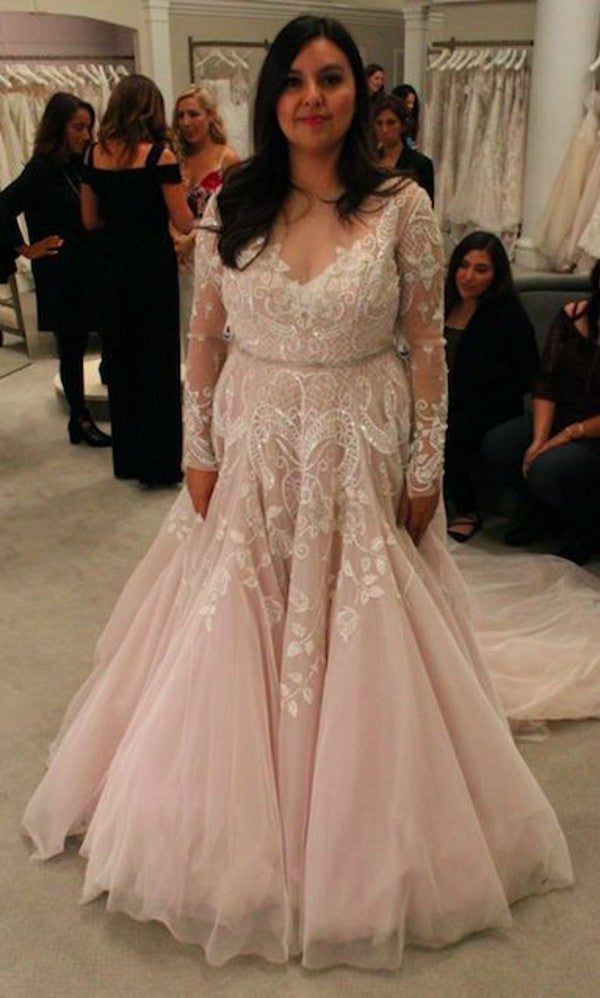 Plus Size Blush Long Sleeve Lace Wedding Dress Daisystyledress 