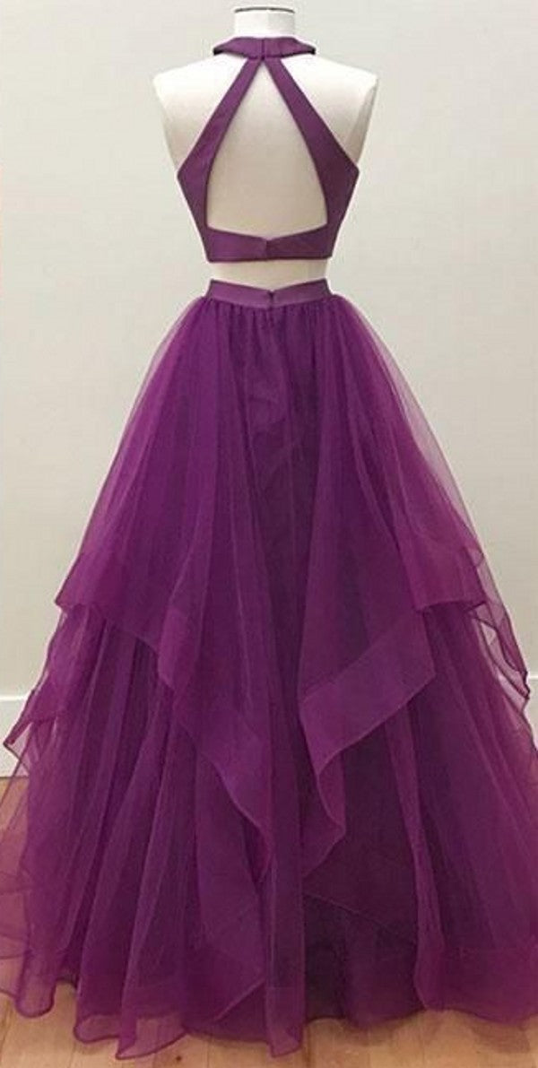 purple 2 piece prom dress