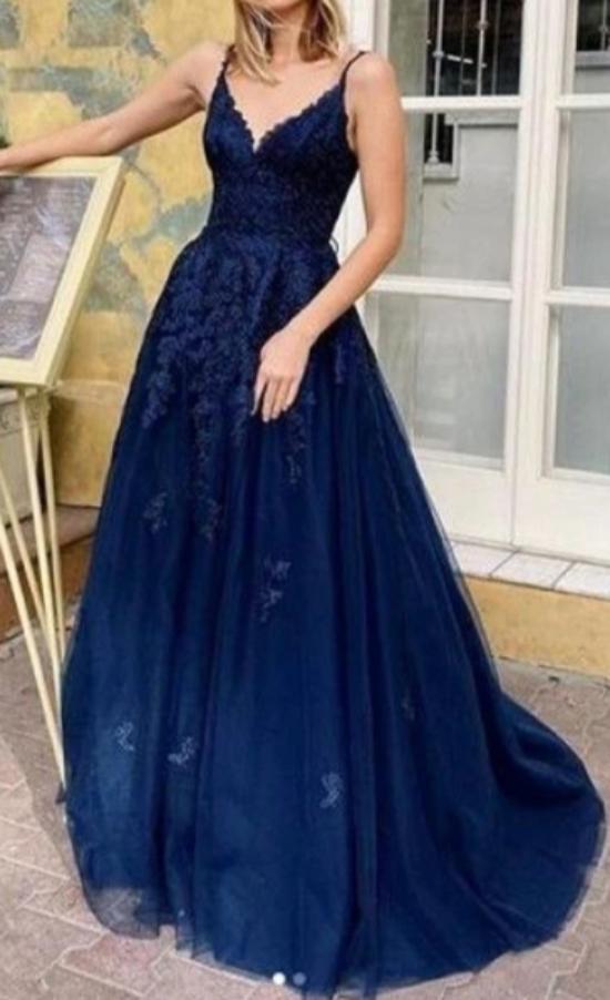Fashion Cross Back Navy Blue Prom Dress – daisystyledress