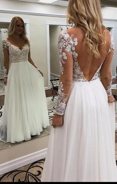 Elegant Long Sleeve Lace Sexy V-back Bohemian Wedding Dress ...