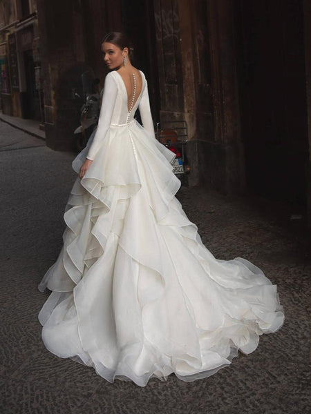 Tiered Skirt Sexy Back Long Sleeve Wedding Dress – daisystyledress