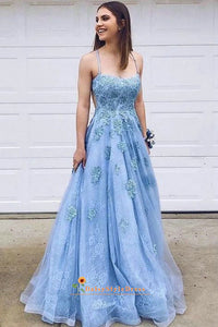 A line Long Light Blue Lace Prom Dress – daisystyledress