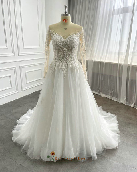 Long Sleeve Sheer Beaded Wedding Dress – daisystyledress