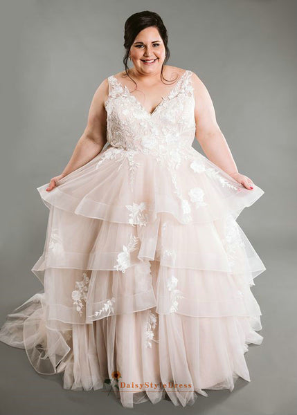 Plus Size Blush Wedding Dress with Tiered Skirt – daisystyledress