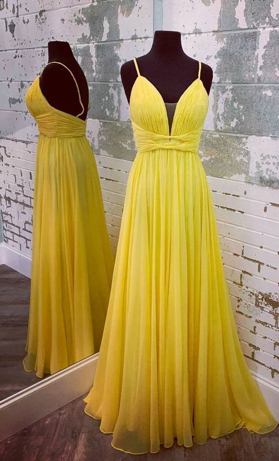 yellow spaghetti strap prom dress