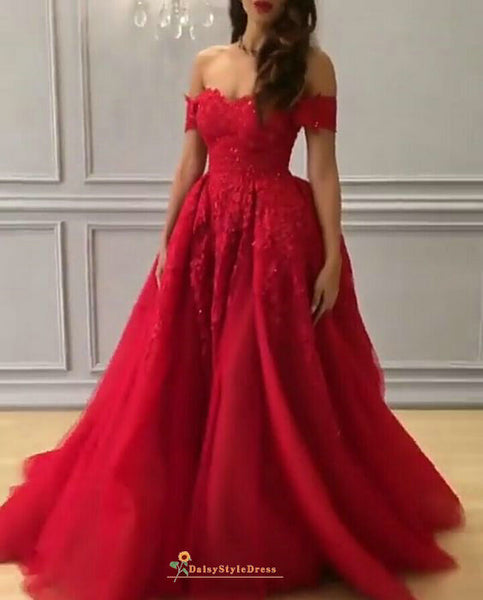 Ball Gown Off Shoulder Sleeve Red Prom Dress – daisystyledress