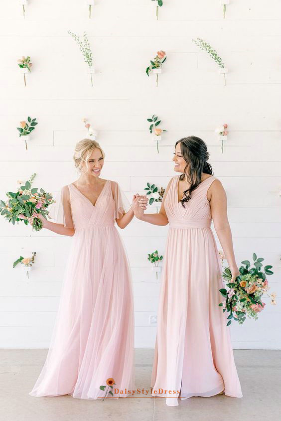 Ruffle Sleeve Pink Bridesmaid Dress – daisystyledress
