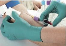 Image 1 - the blood test. Shows blood being collected into a vial through a needle in the arm.