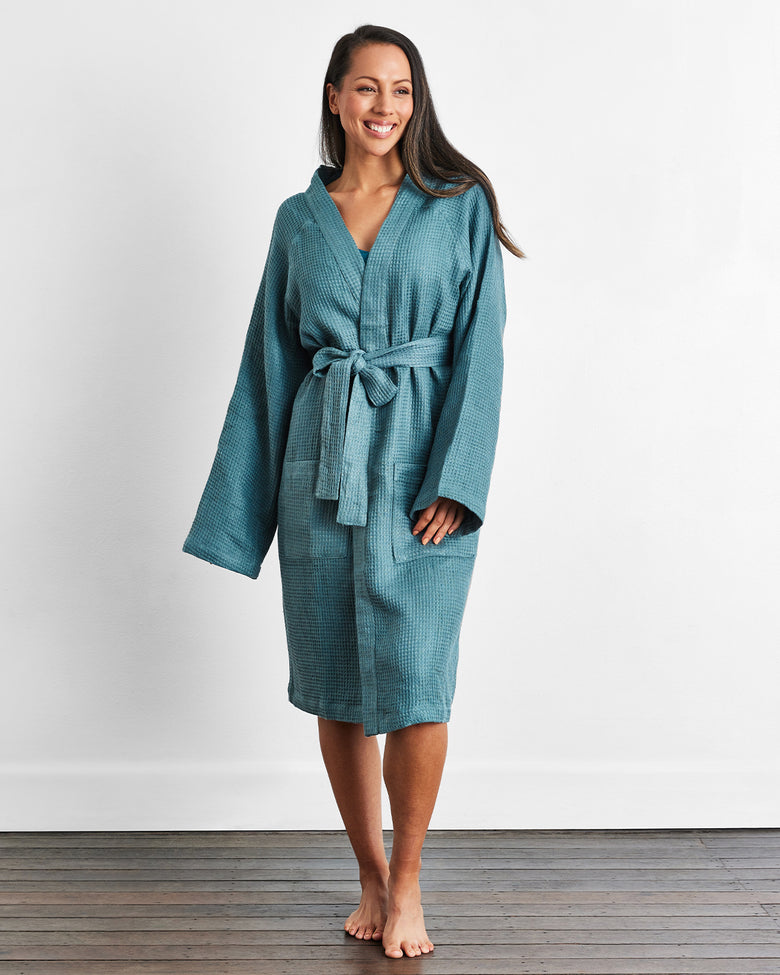 Petrol 100% French Flax Linen Waffle Robe#N#– Bed Threads