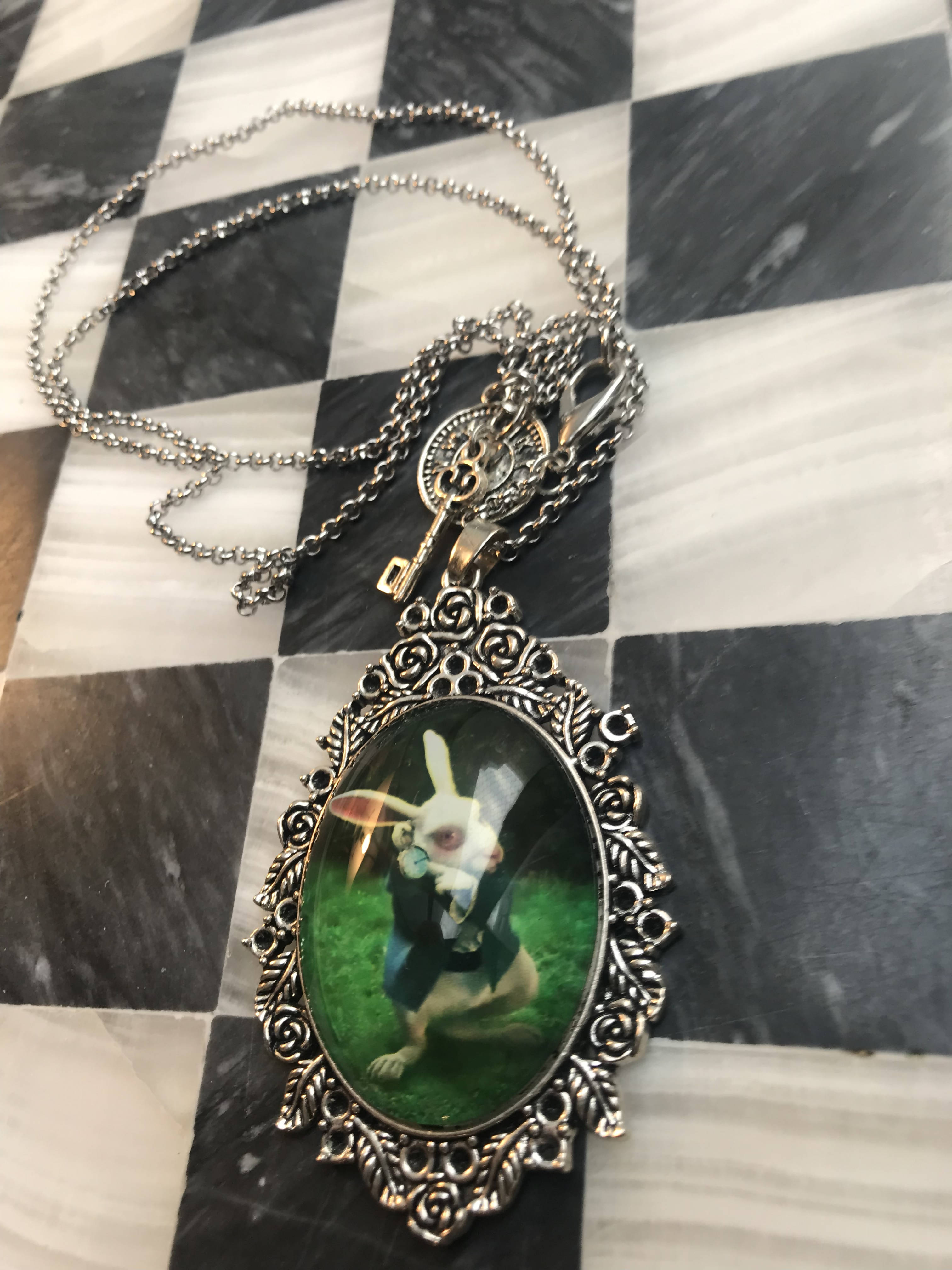 Victorian White Rabbit Dome Cameo Pendant Necklace