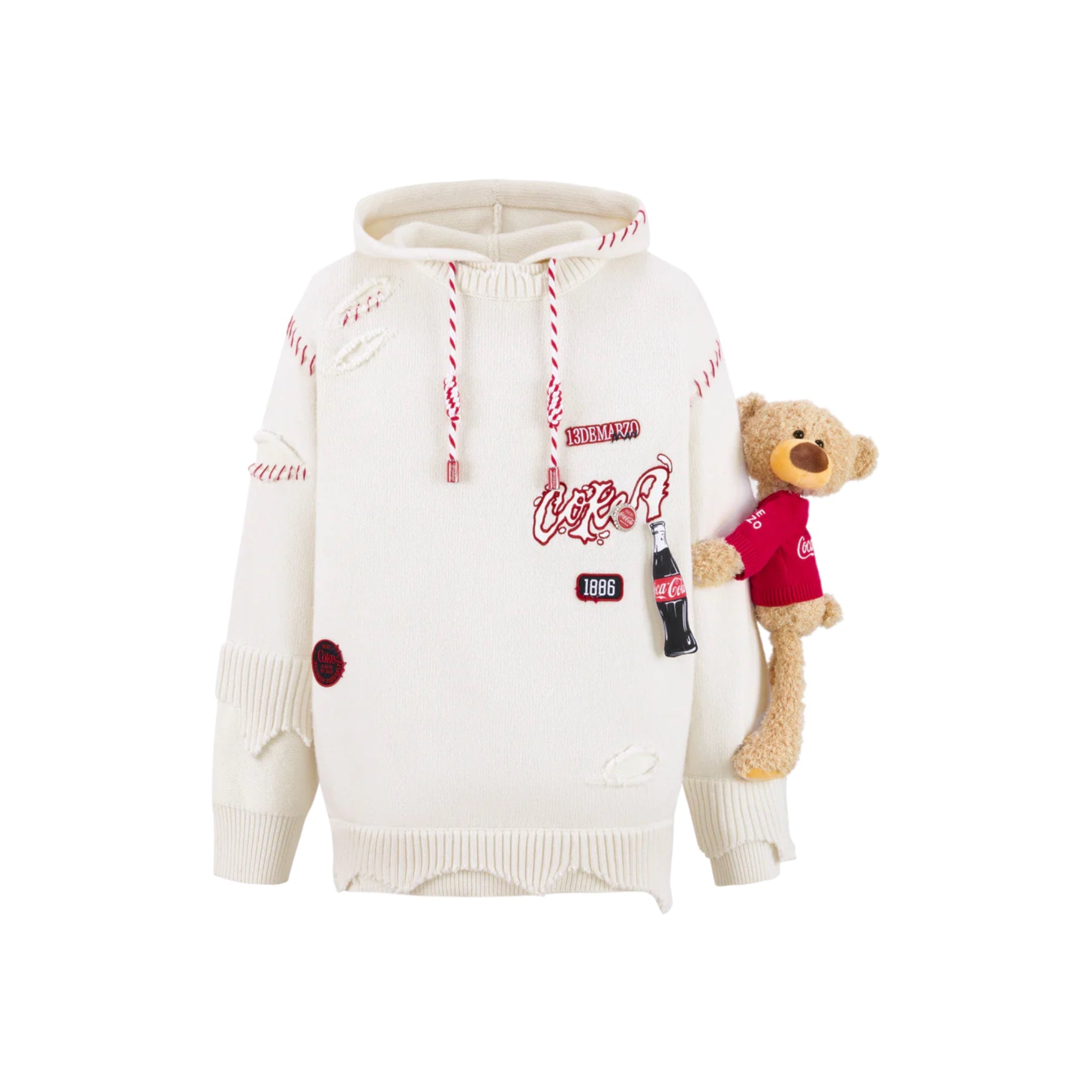 13 De Marzo Coca-Cola Tofu White Bear Broken Knit Hoodie