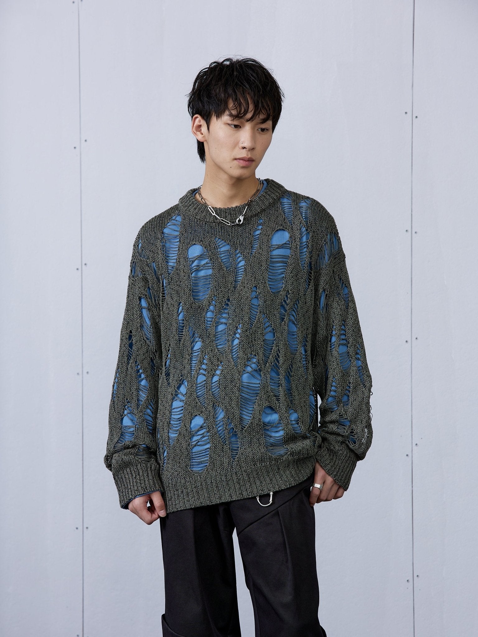 Green Destroyed Cutout Sweater