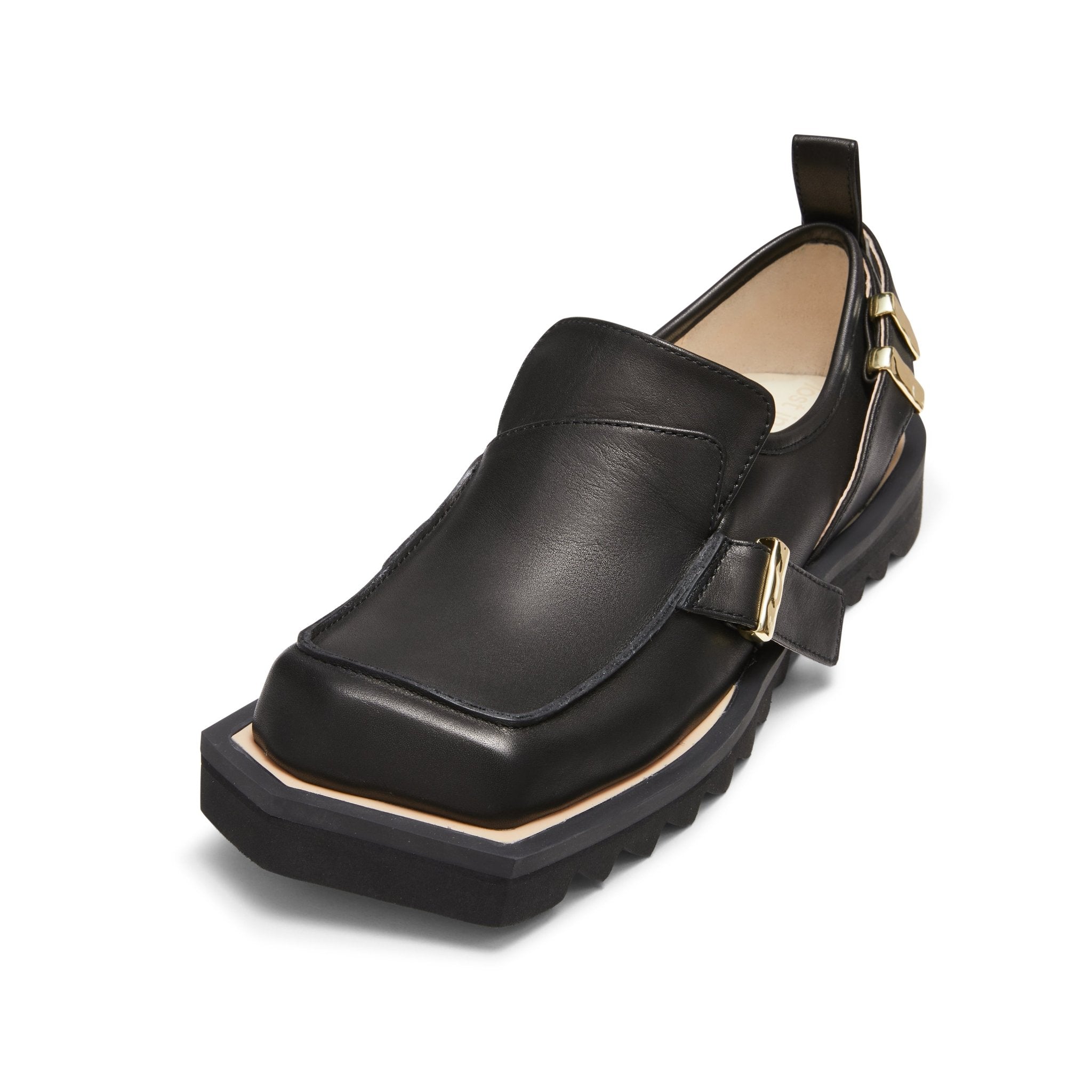 Bevel Head Gear Bottom Buckle Loafers in Black