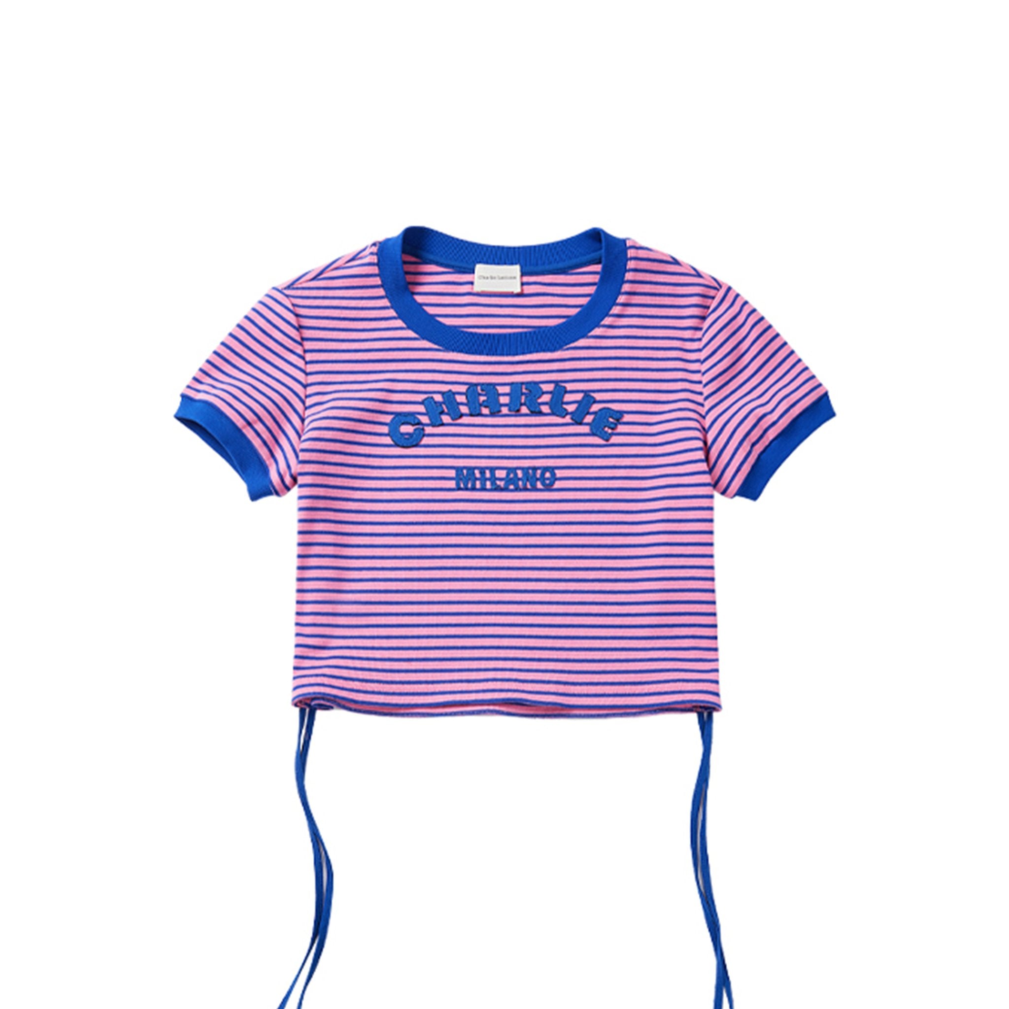 Blue and Pink Striped Patch Logo Short-Sleeved T-Shirt