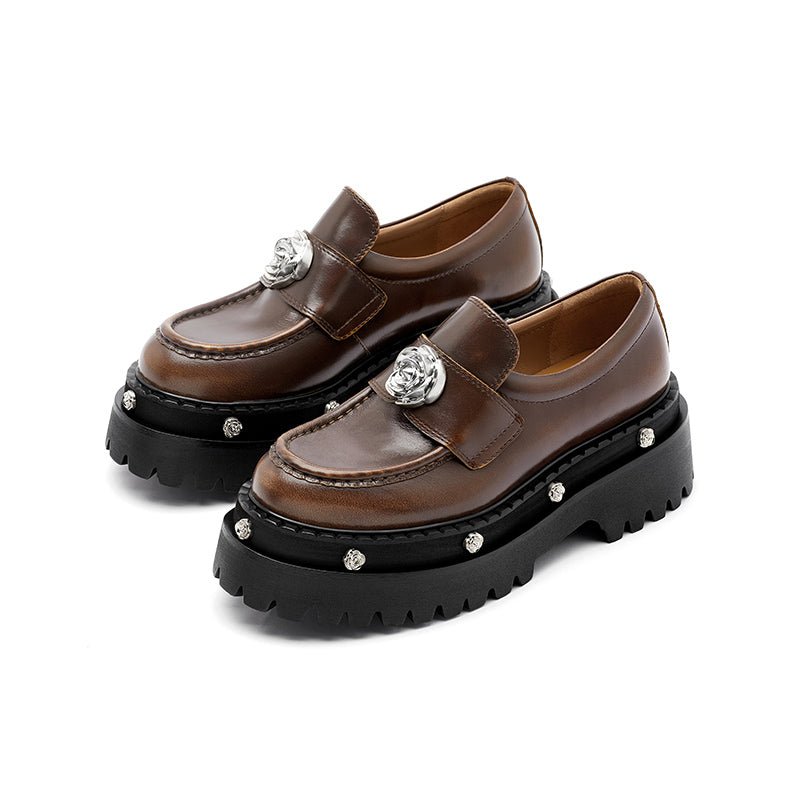 Butterfly Manor Thorns Series Rose Studded Thick Soled Loafers In Brown