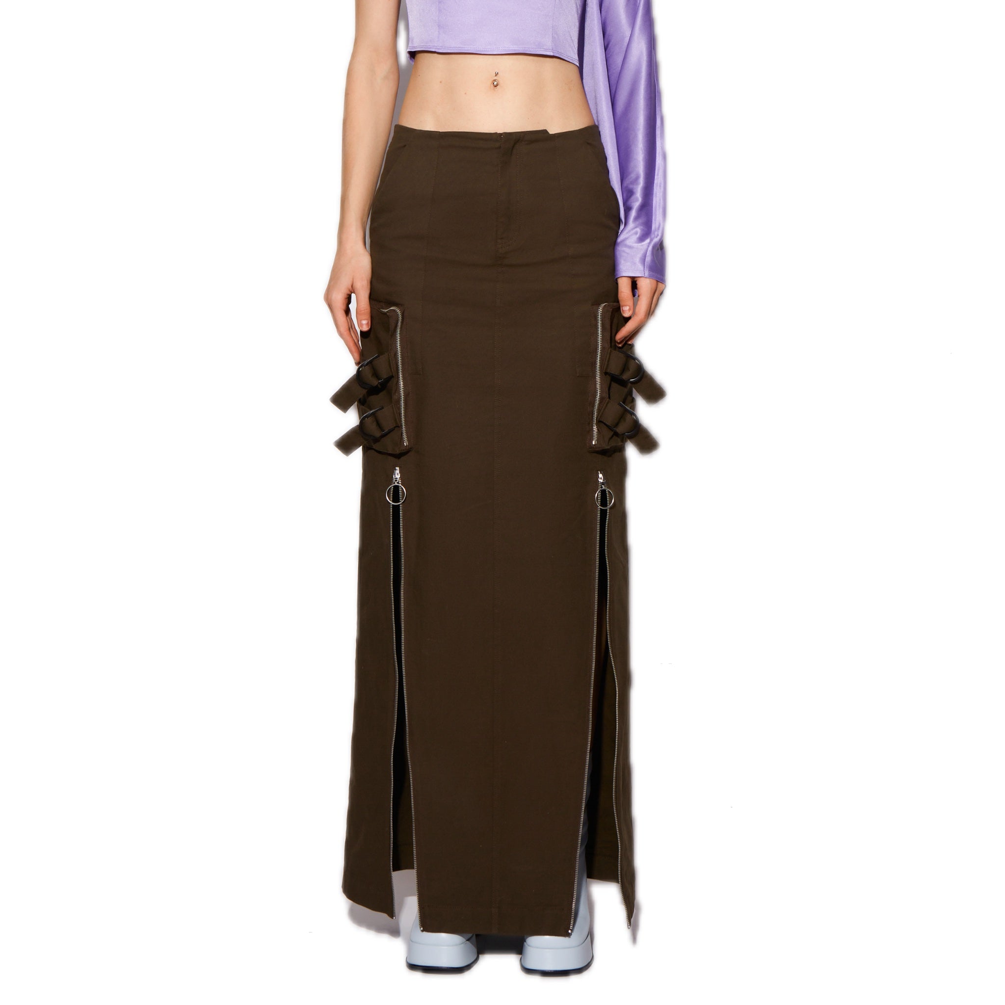 Cargo Skirt with Symmetrical Zipper in Brown