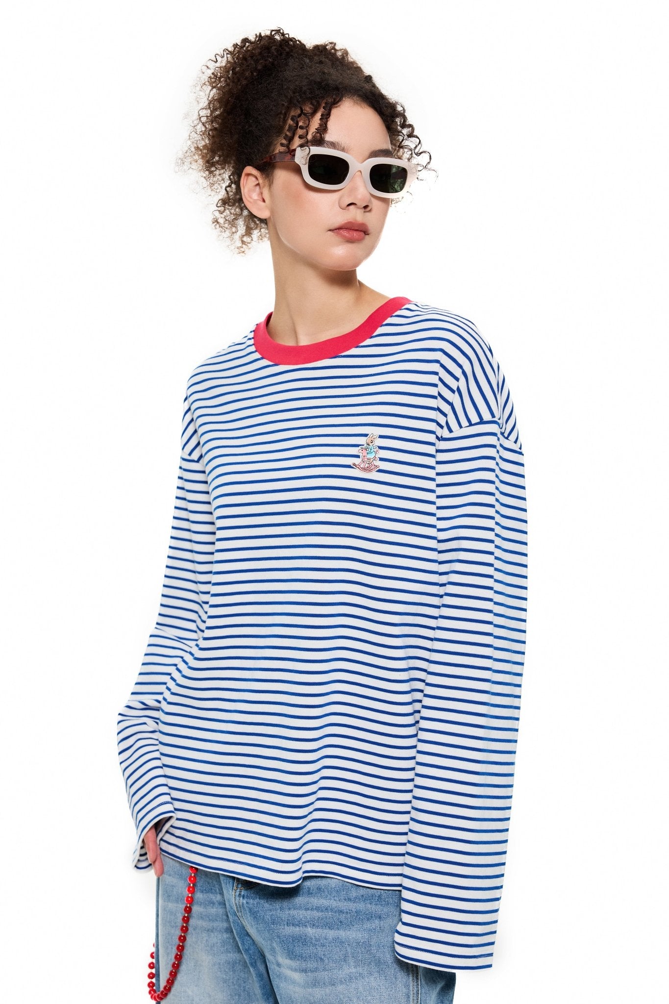 Contrast Collar Rabbit Stripe T-Shirt in Blue