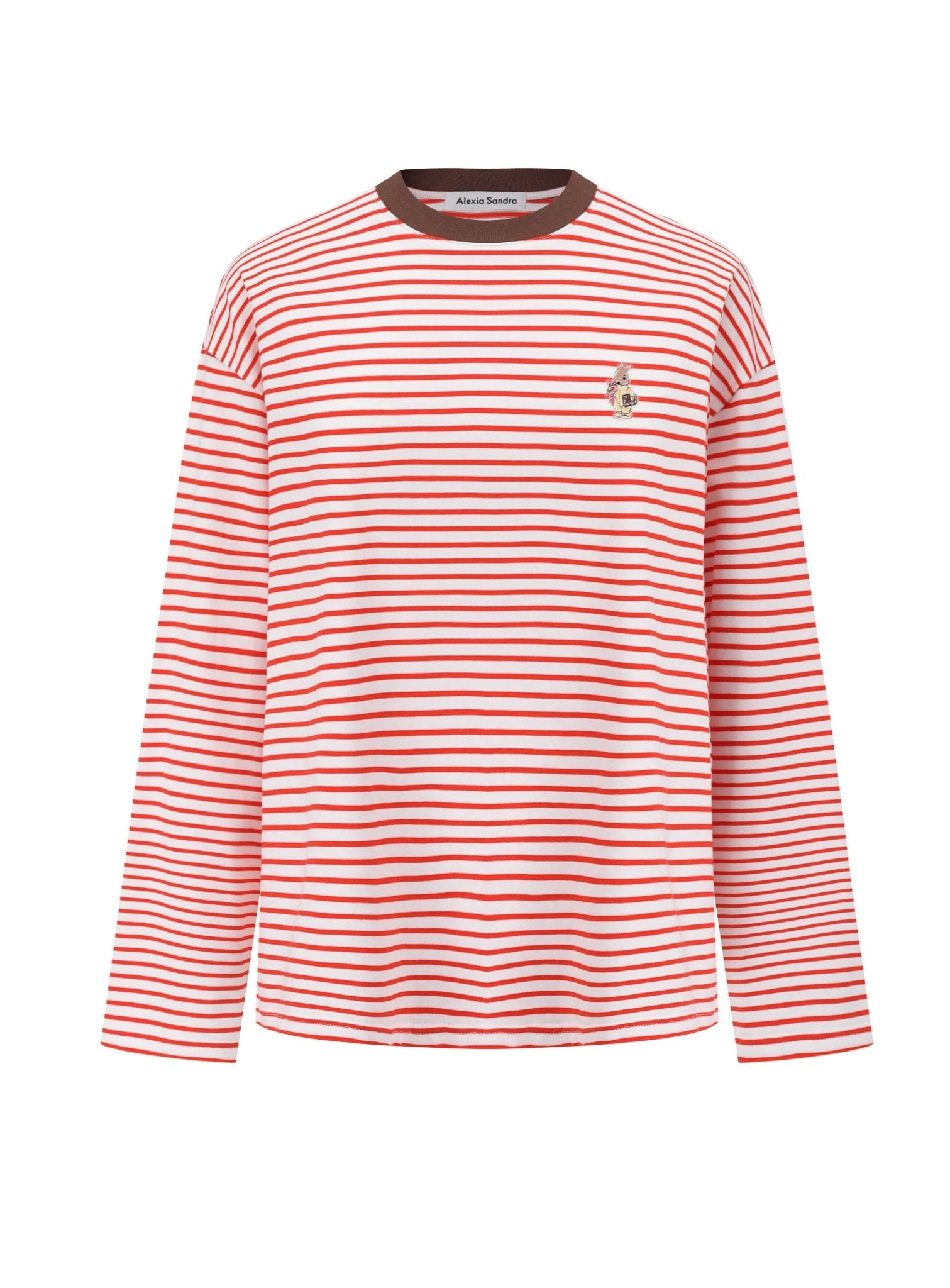 Contrast Collar Rabbit Stripe T-Shirt in Red