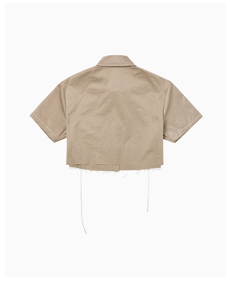 Khaki Cropped Shirt with Logo Collar